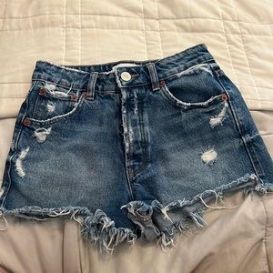 Zara denim blue distressed shorts, high rise fit.